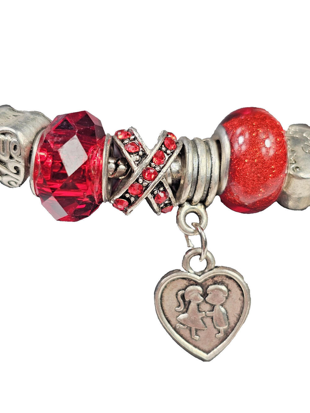 925 Charm Bracelet w 14 Charms & Safety Chain Red Love Glass, Enamel, Filigree - Picture 4 of 13